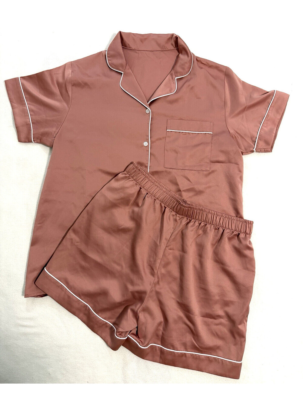 GU Womens Pajama Set Large Dusty Rose Satin Short Sleeve Shorts Solid Japan